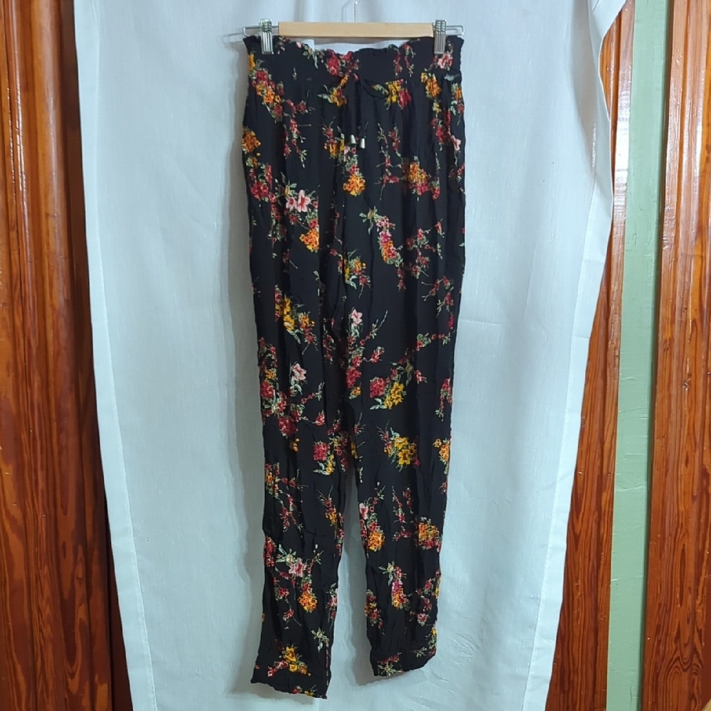 Pink Rose Black Floral Women's Pants